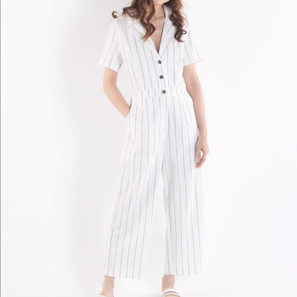 White Short Sleeve Button Jumpsuit